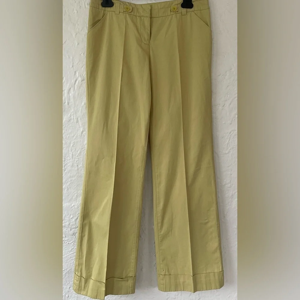 Anthropologie Elevenses mustard wide leg cropped hem work pants, side pockets; 4